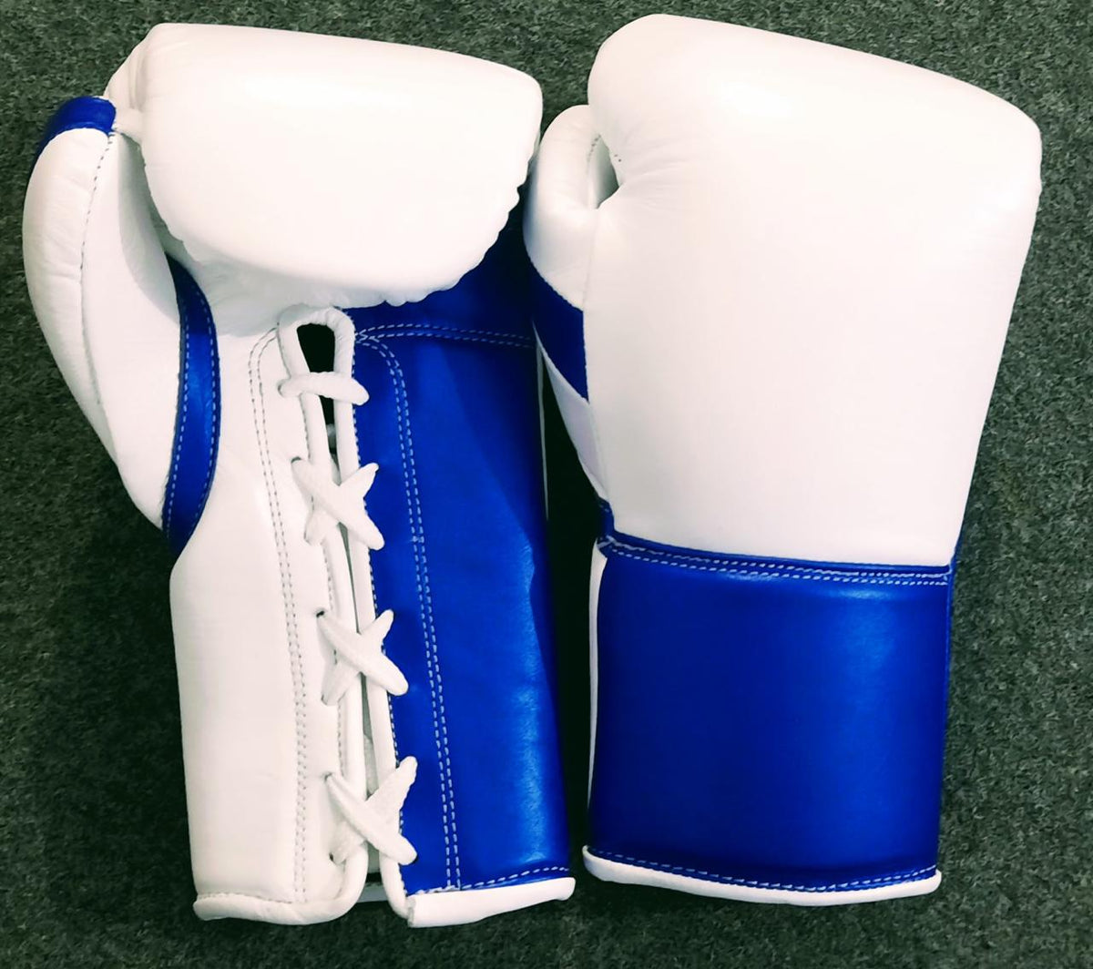 Genuine Leather Pro Fight Boxing Gloves – White & Royal Blue Lace-Up / Hook-and-Loop