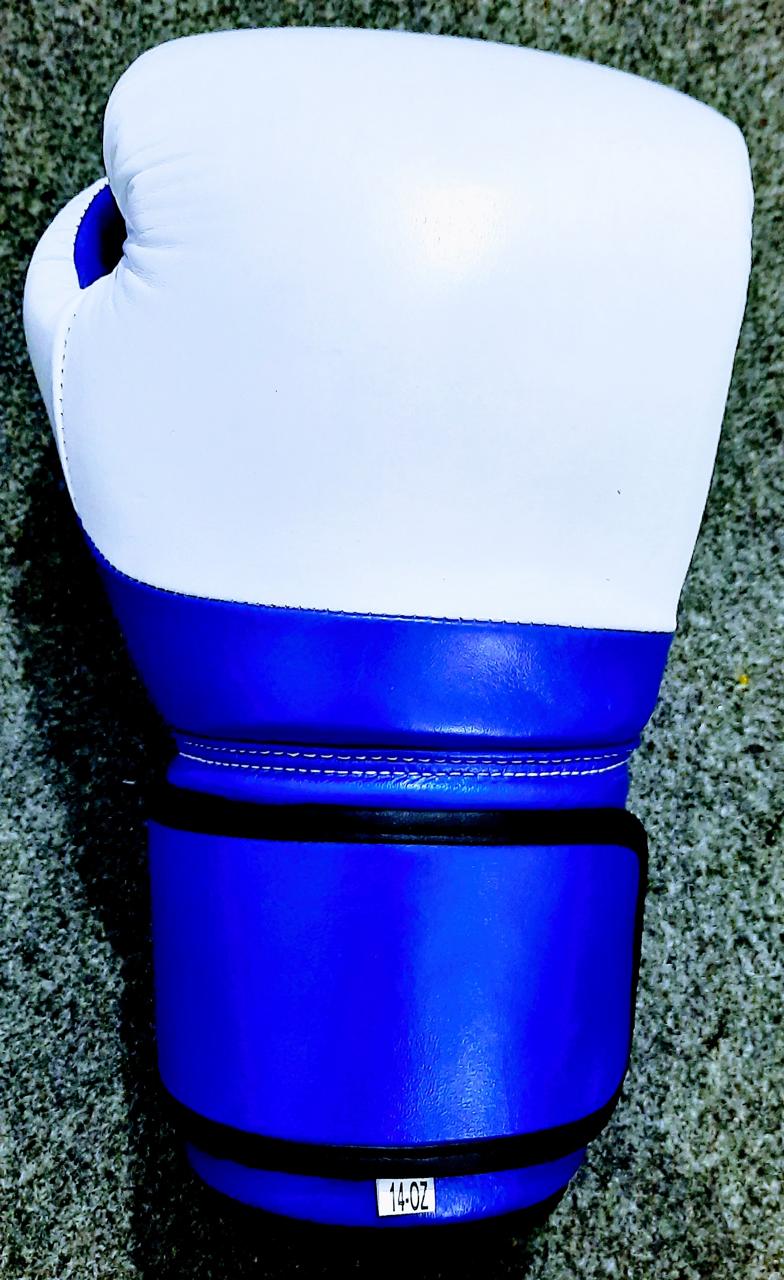 Genuine Leather Pro Fight Boxing Gloves – White & Royal Blue Lace-Up / Hook-and-Loop