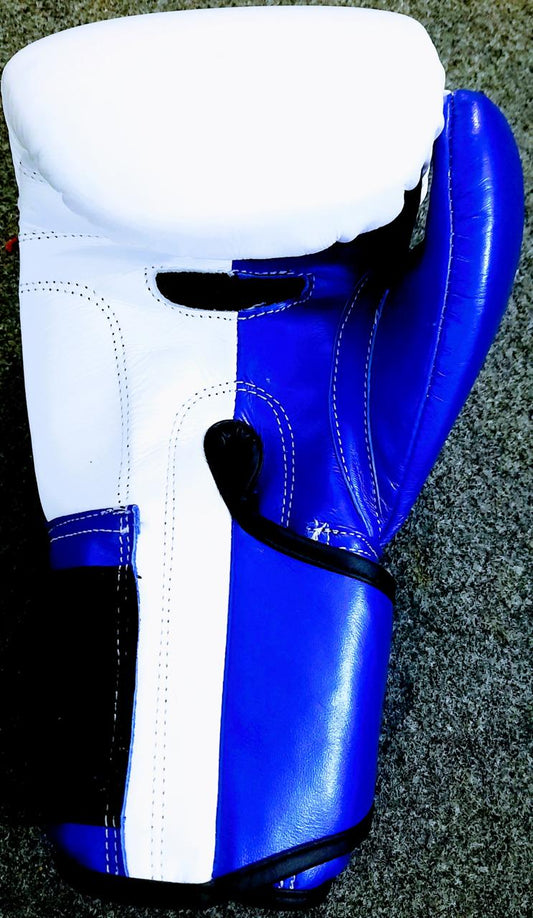Genuine Leather Pro Fight Boxing Gloves – White & Royal Blue Lace-Up / Hook-and-Loop